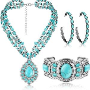 Inbagi 3 Pcs Western Jewelry for Women Bohemian Turquoise Jewelry Set Women Country Pendant Long Choker Layered Bracelets Earrings